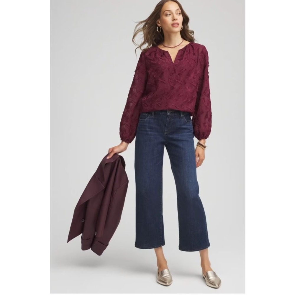 Chicos‎ Feathered Pullover Peasant Blouse Deep Chianti Eyelash Chiffon 2 L 12
